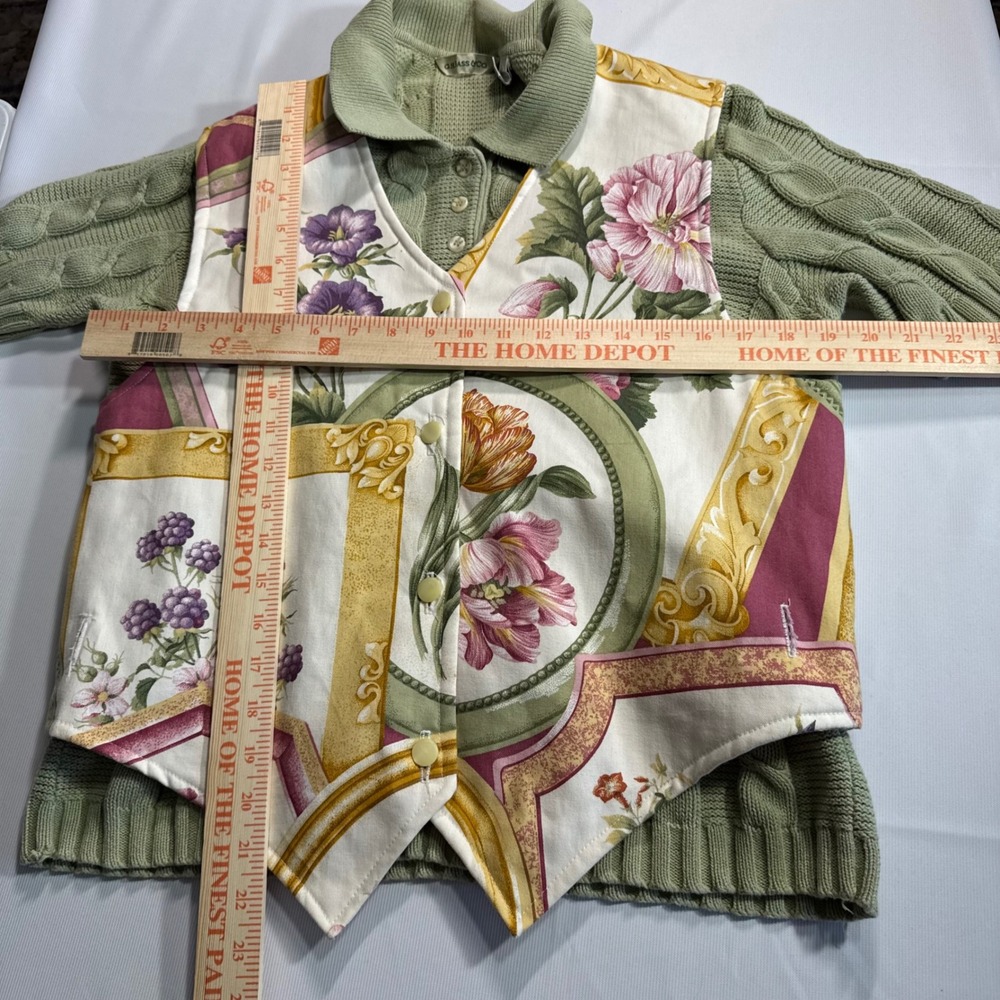 Cottagecore Vtg Coastal Granny Large Sage Cable Knit Sweater Floral Striped Vest - Picture 9 of 10